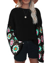 Black Floral Crochet Bell Sleeve Loose Sweater - M