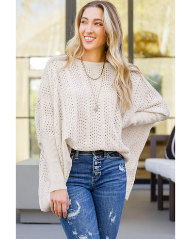 Beige Ribbed Hollow Knit Dolman Sleeve Sweater - XL