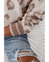 Brown Two-tone Ribbed Trim Contrast Leopard Sweater - L