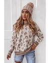 Brown Two-tone Ribbed Trim Contrast Leopard Sweater - L
