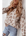 Brown Two-tone Ribbed Trim Contrast Leopard Sweater - L