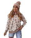 Brown Two-tone Ribbed Trim Contrast Leopard Sweater - L