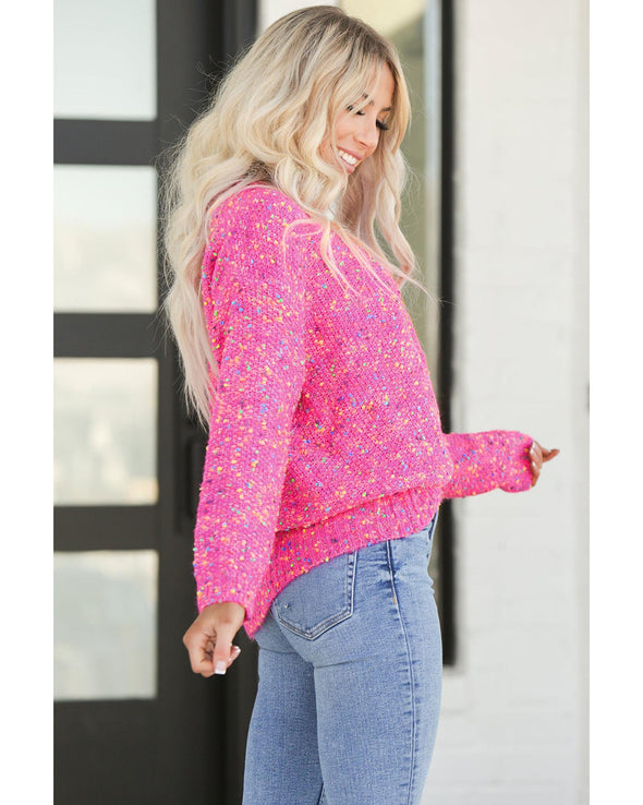 Dark Pink Colorful Spots Knitted V Neck Casual Sweater - M