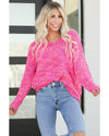 Dark Pink Colorful Spots Knitted V Neck Casual Sweater - M