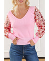 Pink Contrast Sequin Sleeve V Neck Ribbed Knit Sweater - M