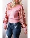 Pink Contrast Sequin Sleeve V Neck Ribbed Knit Sweater - M