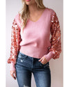 Pink Contrast Sequin Sleeve V Neck Ribbed Knit Sweater - M