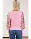 Pink Contrast Sequin Sleeve V Neck Ribbed Knit Sweater - M
