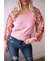 Pink Contrast Sequin Sleeve V Neck Ribbed Knit Sweater - M