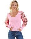 Pink Contrast Sequin Sleeve V Neck Ribbed Knit Sweater - M