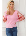 Pink Contrast Sequin Sleeve V Neck Ribbed Knit Sweater - XL