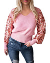 Pink Contrast Sequin Sleeve V Neck Ribbed Knit Sweater - XL