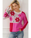 Rose Red Floral Mixed Color Block Sweater - L