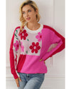 Rose Red Floral Mixed Color Block Sweater - L