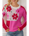 Rose Red Floral Mixed Color Block Sweater - L