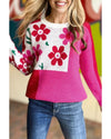 Rose Red Floral Mixed Color Block Sweater - L