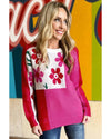 Rose Red Floral Mixed Color Block Sweater - L