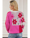 Rose Red Floral Mixed Color Block Sweater - L