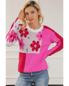 Rose Red Floral Mixed Color Block Sweater - L