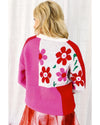 Rose Red Floral Mixed Color Block Sweater - L
