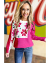 Rose Red Floral Mixed Color Block Sweater - L