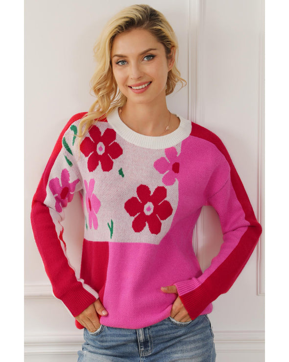 Rose Red Floral Mixed Color Block Sweater - S
