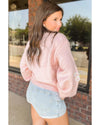 Pink Chenille Daisy Stitching Crew Neck Sweater - L