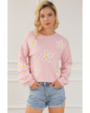Pink Chenille Daisy Stitching Crew Neck Sweater - XL