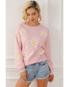 Pink Chenille Daisy Stitching Crew Neck Sweater - XL