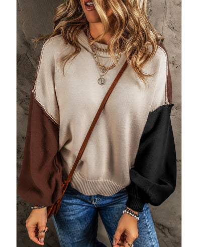 Coffee Colorblock Bishop Sleeve Ribbed Trim Sweater - L