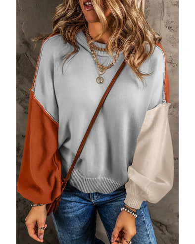 Gray Colorblock Bishop Sleeve Ribbed Trim Sweater - L