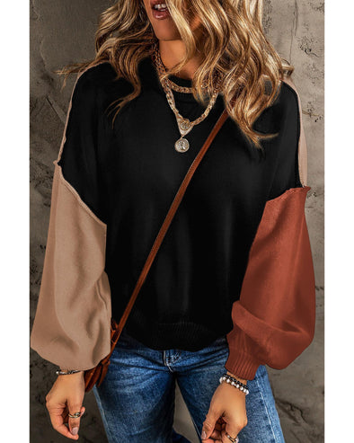 Black Colorblock Bishop Sleeve Ribbed Trim Sweater - L