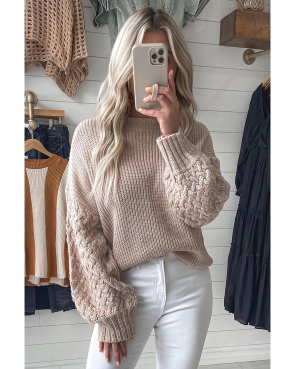 Parchment Cable Knit Sleeve Drop Shoulder Sweater - L