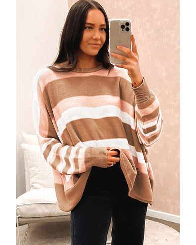Multicolour Striped Knit Drop Shoulder Loose Sweater - L