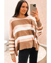 Multicolour Striped Knit Drop Shoulder Loose Sweater - L