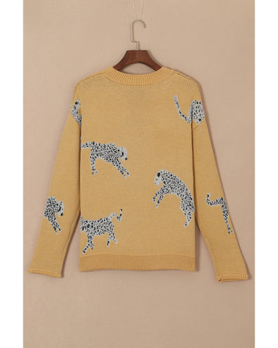 Camel Fuzzy Cheetah Accent Round Neck Sweater - L