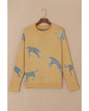 Camel Fuzzy Cheetah Accent Round Neck Sweater - L