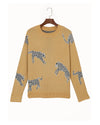 Camel Fuzzy Cheetah Accent Round Neck Sweater - L