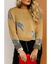 Camel Fuzzy Cheetah Accent Round Neck Sweater - L