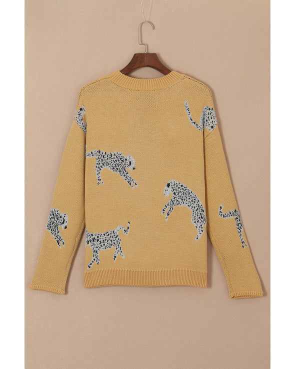 Camel Fuzzy Cheetah Accent Round Neck Sweater - XL
