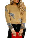 Camel Fuzzy Cheetah Accent Round Neck Sweater - XL