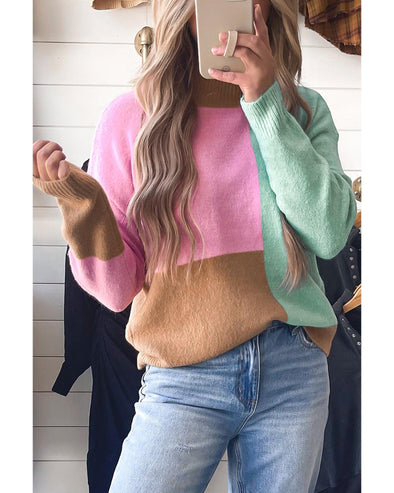 Multicolour Colorblock Mock Neck Ribbed Trim Sweater - M