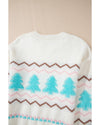 White Striped Christmas Tree Ribbed Trim Drop Shoulder Sweater - L