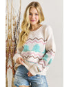 White Striped Christmas Tree Ribbed Trim Drop Shoulder Sweater - L
