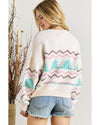 White Striped Christmas Tree Ribbed Trim Drop Shoulder Sweater - M