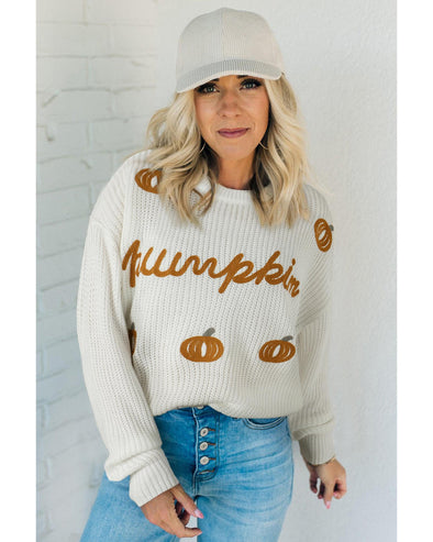 White Pumpkin Yarn Stitch Ribbed Knit Sweater - XL
