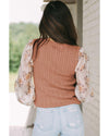 Golden Fleece Floral Patchwork Ruffled Cuff Cable Knit Sweater - L