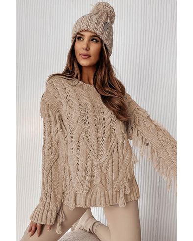 Parchment Tasseled Braided Knit Sweater - M
