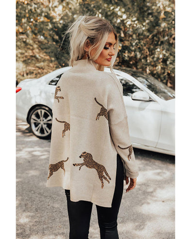 Parchment Lively Cheetah Print High Neck Split Hem Sweater - M
