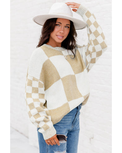 Flaxen Checkered Print Drop Shoulder Sweater - XL